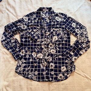 Express Navy and White Floral Button-Front Blouse